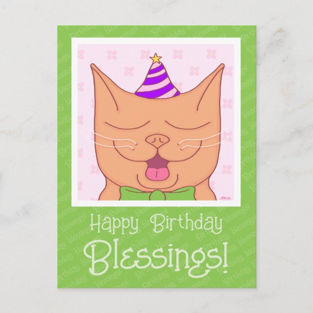 Postal Gato Naranja Adorable Con Sombrero De Cumpleaños B (Anverso)