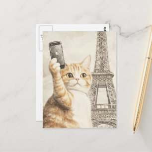 Postal Gato Naranja Adorable Tomándose una Selfie en Parí