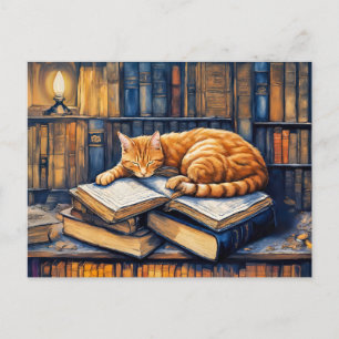 Postal Gato naranja al agua fuerte durmiendo sobre libros