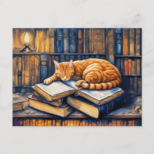 Postal Gato naranja al agua fuerte durmiendo sobre libros (Anverso)