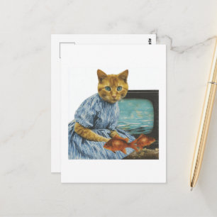 Postal Gato Naranja con Pez Dorado y TV Collage Retro