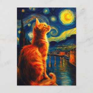 Postal Gato Naranja Contemplativo Cielo Nocturno Estrel