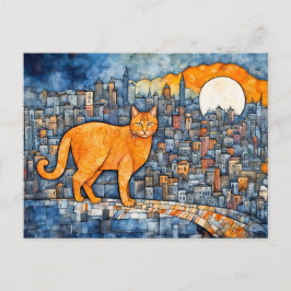 Postal Gato naranja en acuarela urbana de atardecer