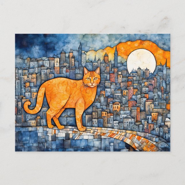 Postal Gato naranja en acuarela urbana de atardecer (Anverso)