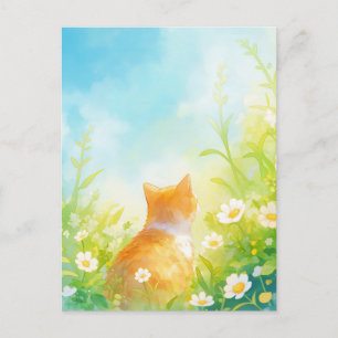Postal Gato Naranja en un Prado de Margaritas Iluminado p
