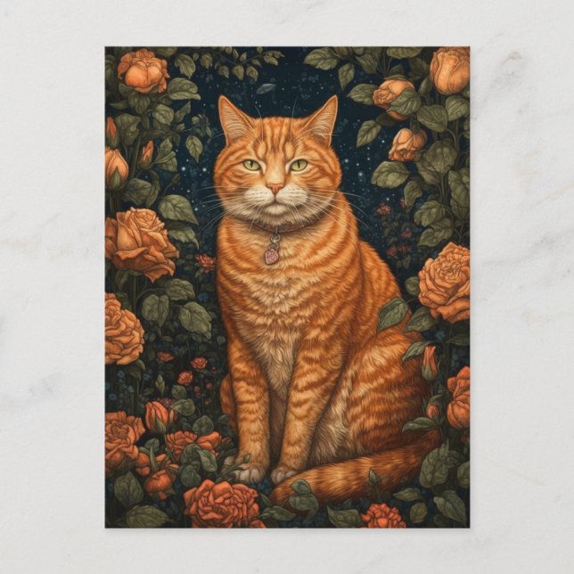Postal Gato naranja entre las flores (Anverso)