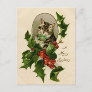 Postal Gato Navidades Merry Holly Kitten Arte Antiguo