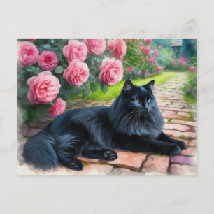 Postal Gato Negro Acostado junto a Peonías Rosadas Amante
