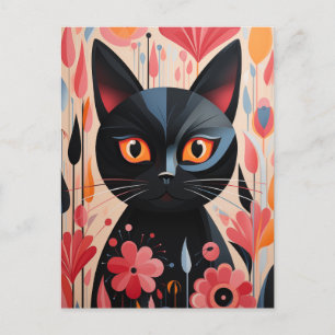 Postal Gato Negro Adorable Con Flores Rosa