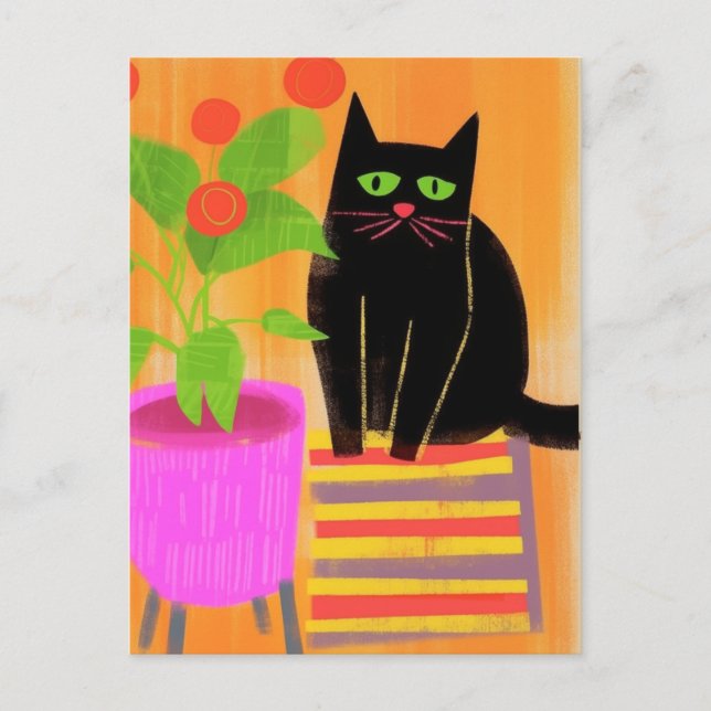 Postal Gato Negro Adorable Con Hogares (Anverso)