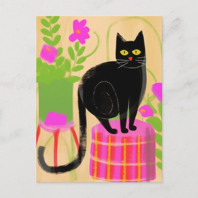 Postal Gato Negro Adorable Con Hogares (Anverso)