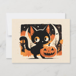 Postal Gato negro adorable con linterna Jack-o’