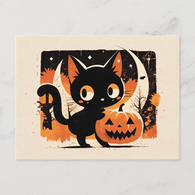 Postal Gato negro adorable con linterna Jack-o’ (Anverso)