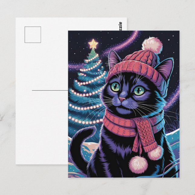 Postal Gato negro adorable gatito Navidad Invierno Fiesta (Anverso / Reverso)