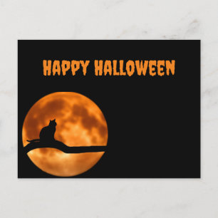 Postal Gato negro bajo la luna Naranja