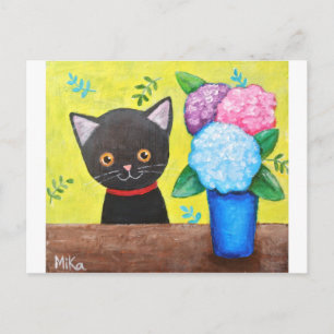 Postal Gato Negro Bonito Con Flores Arte Popular De Gato 