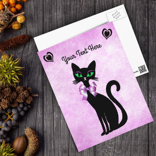 Postal Gato negro bonito ojos verdes lazo de corazones so