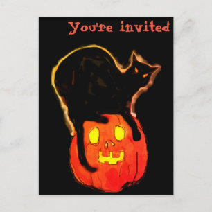 Postal Gato negro brillante de Halloween sobre calabaza b