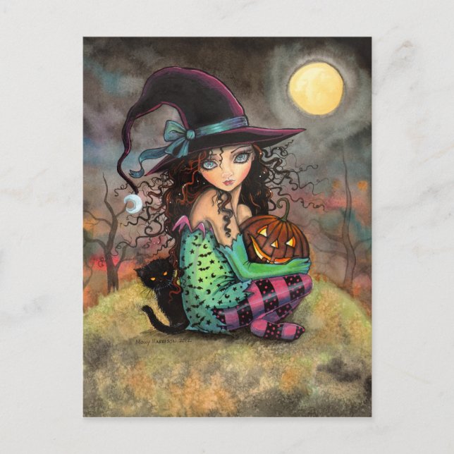 Postal Gato negro bruja de Halloween y Jack-O-Lantern (Anverso)