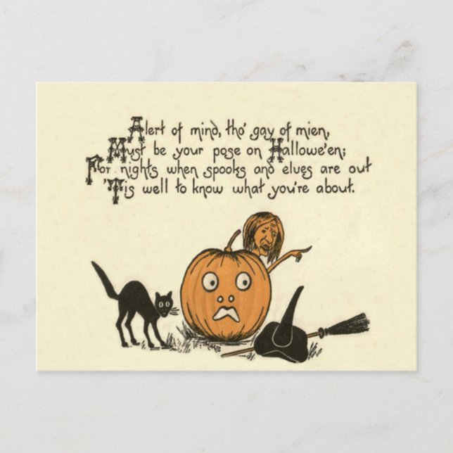 Postal Gato Negro Bruja Jack O Linterna Poema (Anverso)