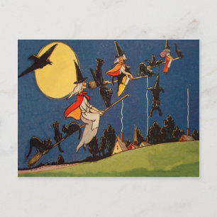 Postal Gato Negro Bruja Volando Luna Cuervo