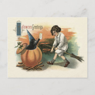 Postal Gato Negro Calabaza Sombrero de Bruja Escoba Carta
