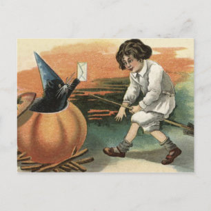 Postal Gato Negro Calabaza Sombrero de Bruja Escoba Carta