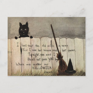 Postal Gato Negro Cercado Escoba de Bruja Sombrero