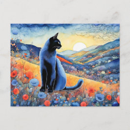 Postal Gato negro color agua en las colinas de la puesta 