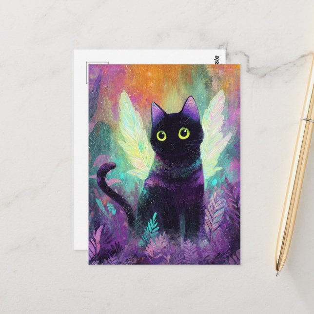 Postal Gato Negro Con Alas de Ángel (Anverso/Reverso In Situ)