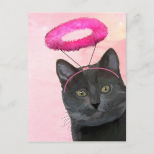 Postal Gato negro con Angel Halo rosa