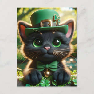 Postal Gato negro con atuendo verde de San Patricio