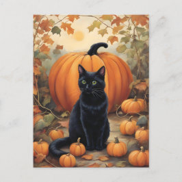Postal Gato negro con calabaza de Halloween
