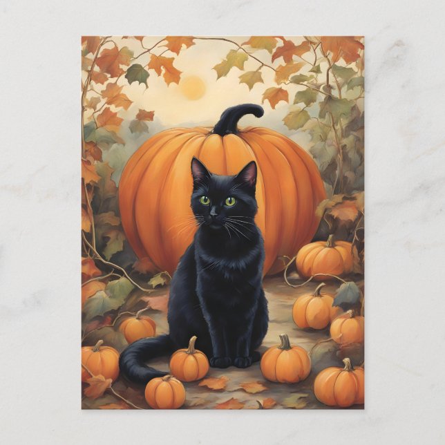 Postal Gato negro con calabaza de Halloween (Anverso)