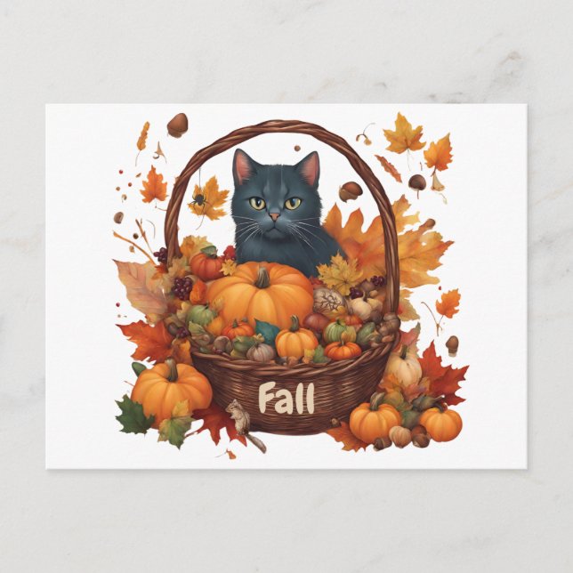 Postal Gato negro con cesta de cosecha de otoño (Anverso)
