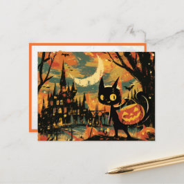 Postal Gato Negro con Cubo de Calabaza junto al Castillo
