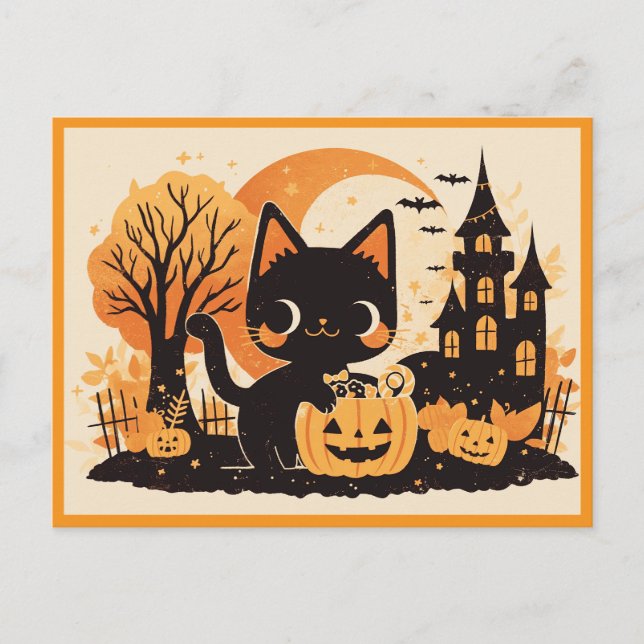 Postal Gato negro con cubo de vaina de calabaza (Anverso)