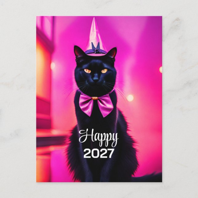 Postal Gato negro con estilo jazz 2027 deseos (Anverso)