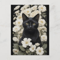 gato negro con flores blancas