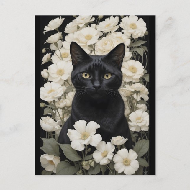 Postal gato negro con flores blancas (Anverso)