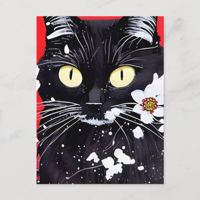 Postal Gato Negro Con Flores Blancas Fondo Rojo (Anverso)