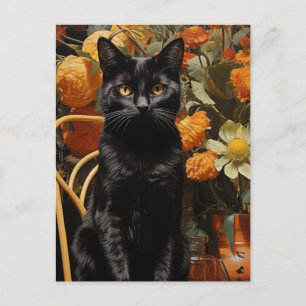 Postal Gato negro con flores Naranjas