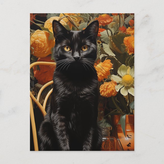 Postal Gato negro con flores Naranjas (Anverso)