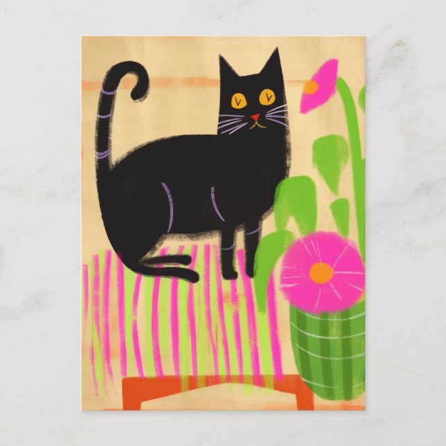 Postal Gato negro con flores rosadas (Anverso)
