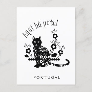 Postal Gato negro con flores y expresión portuguesa