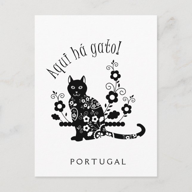 Postal Gato negro con flores y expresión portuguesa (Anverso)
