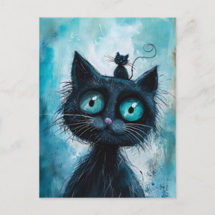 Postal Gato negro con gato pequeño en la cabeza