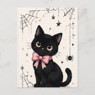 Postal Gato negro con lazo rosa adorable telaraña