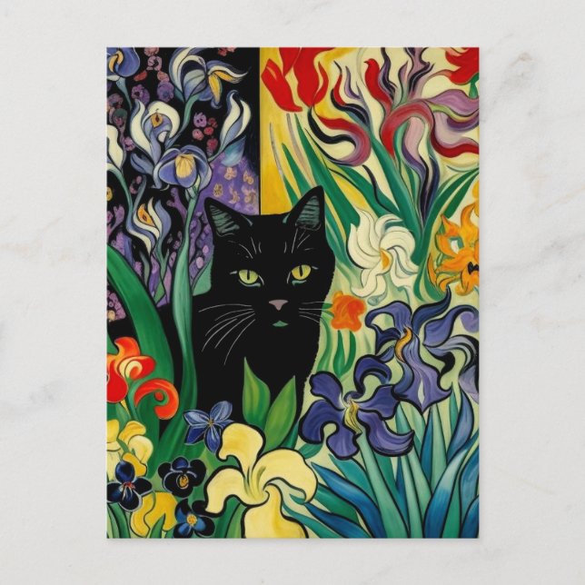 Postal Gato Negro Con Lirios (Anverso)