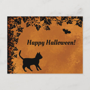Postal Gato negro con murciélago, Feliz Halloween